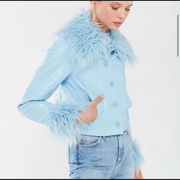 Urban Outfitters “Mia” Baby blue pleather faux fur trim jacket - Picture 4 of 10